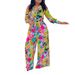 Women's Fashion Print Two-piece Suit Lapel Tie Shirt Wide Leg Pants Suit_ecoleips.com