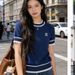 French-Inspired Lettering Knit Top – Chic Short-Sleeve Pullover (White/Black/Navy, S-2XL)_ecoleips.com