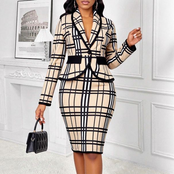 Women's Clothing Plaid Print Two Piece Set American Style Simple Jacket Skirt Ensemble Spring/Autumn Summer_ecoleips.com