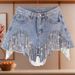 Heavy Duty High Waisted Slimming Hot Pants For Women With Beading Sequins Tassels Ripped Denim Frayed Edges Summer Fashion_ecoleips.com
