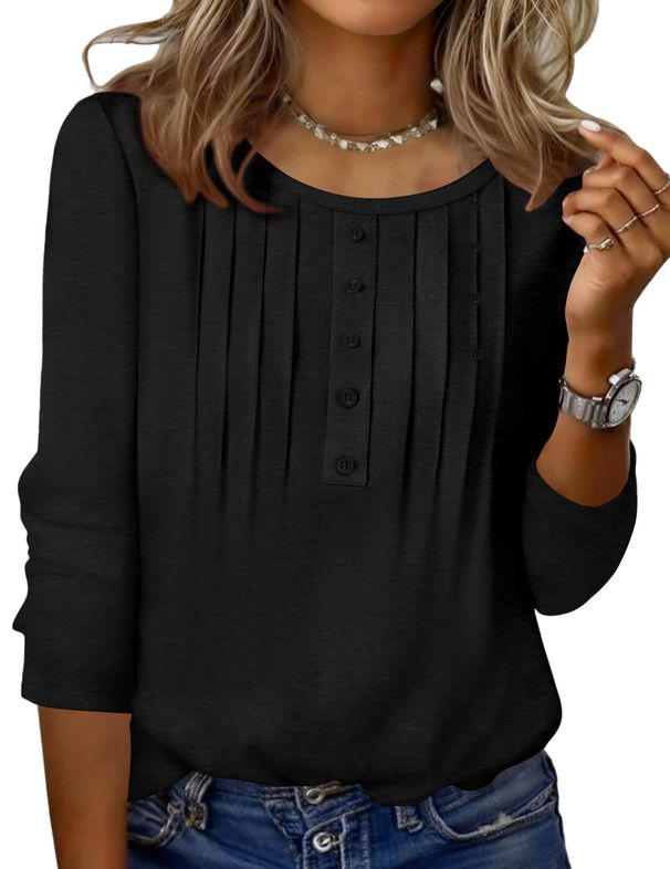 Zeagoo 3/4 Length Sleeve Womens Tops Round Neck Casual Summer Tunic Tops Basic Tees Blouses Dressy T-Shirts Pleated Shirts_ecoleips.com