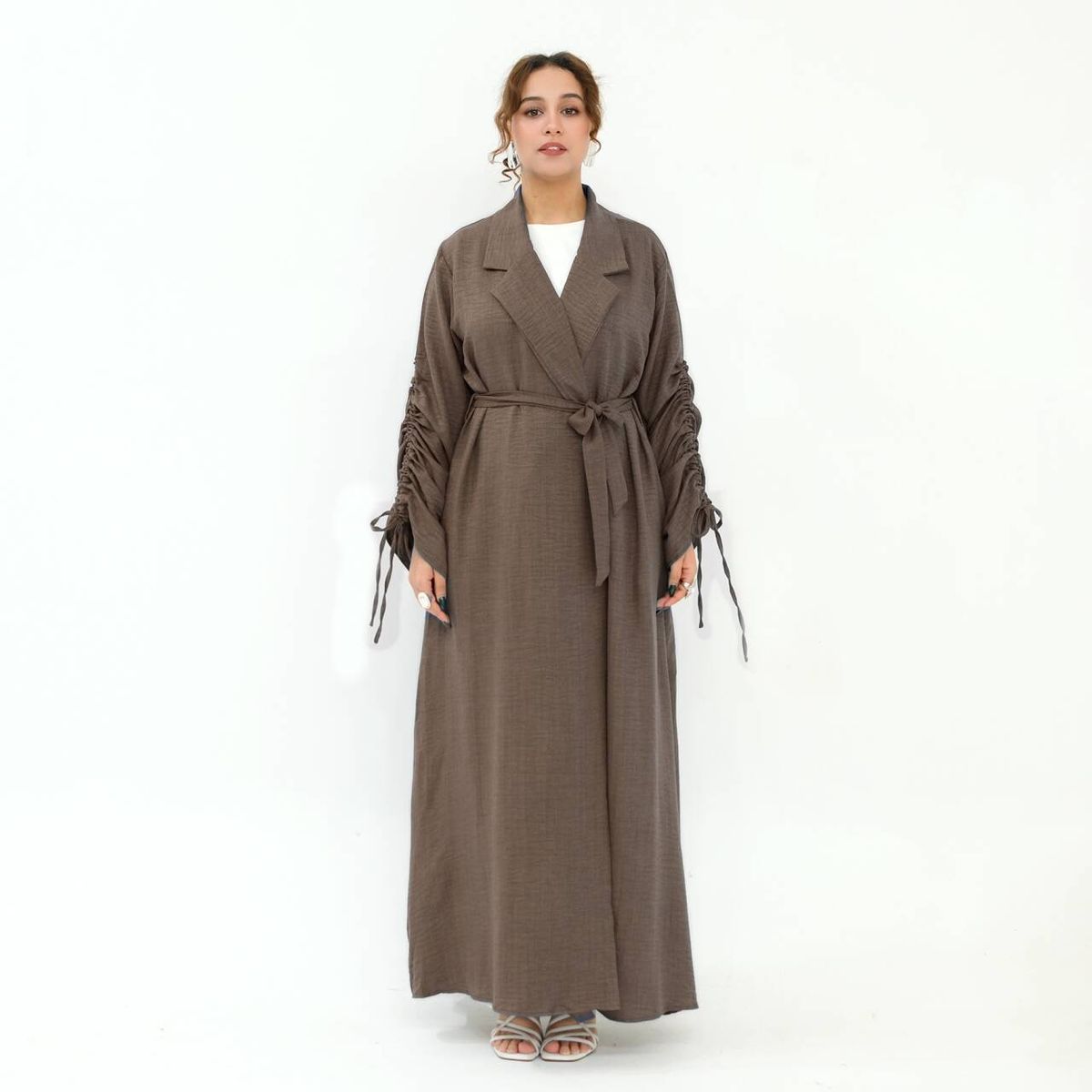 Modest Abaya Dress Aiyirui Belted V-Neck Duster Coat – Dubai-Inspired Longline Cardigan With Drawstring Sleeves (S-XL, Solid Colors)_ecoleips.com