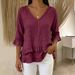 Women's V Neck Short Sleeve Shirt Spring/Summer Cotton Linen Loose Fit Solid Color American Style Top_ecoleips.com