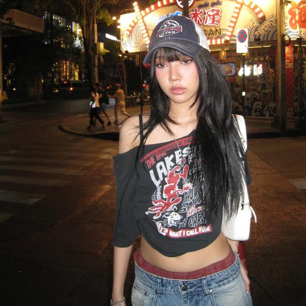 2026 Spring Women's Fashion New Street Style Hot Girl Off-Shoulder Hollow Out Printed Versatile Crop Top_ecoleips.com