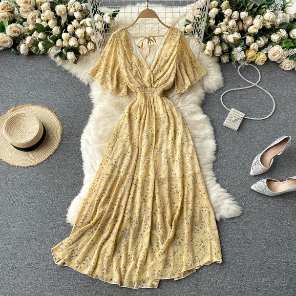 Women's Clothing Beach Vacation Dress Sexy V Neck Waist Slimming Long Chiffon Floral Beach Dress_ecoleips.com