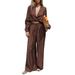 2025 Women's Solid Color Loose Deep V-Neck Long Sleeve Top + Straight-Leg Pants Two-Piece Set_ecoleips.com