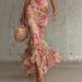 K New Bubble Sleeve Printed Slim Fit Long Dress With Fashionable Pleated Design. No Necklaces Or Other Accessories_ecoleips.com