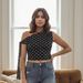 Voya Women's New Exquisite Bow And Diagonal Shoulder Strap Design With Black And White Polka Dot Single Shoulder Short Crop Top_ecoleips.com