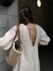 Freeacy Women's Solid Color Cotton And Linen Dress V-neck Puff Sleeves Buttoned Loose Fit Midi Dress Autumn Casual A-line Dress_ecoleips.com