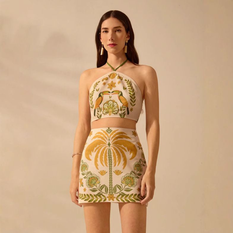 2025 Women's Tube Top Summer Shorts Tropical Plant And Coconut Tree Print Vacation Set_ecoleips.com