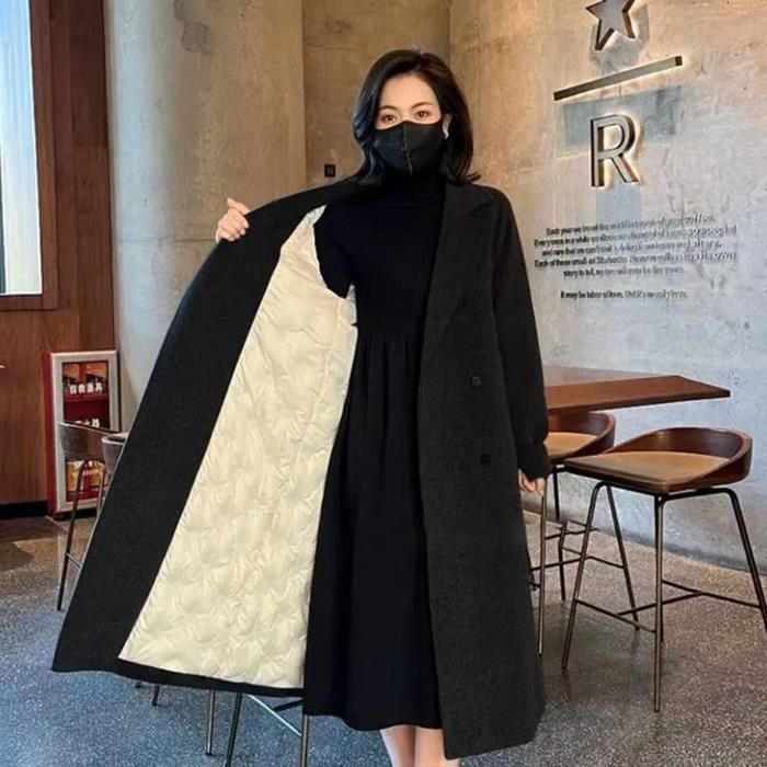 Plus-Size Wool Blend Coat – Oversized Double-Breasted Pea Coat With Fleece Lining, Warm Winter Trench For Women (Beige, Black) – M To 3xl_ecoleips.com