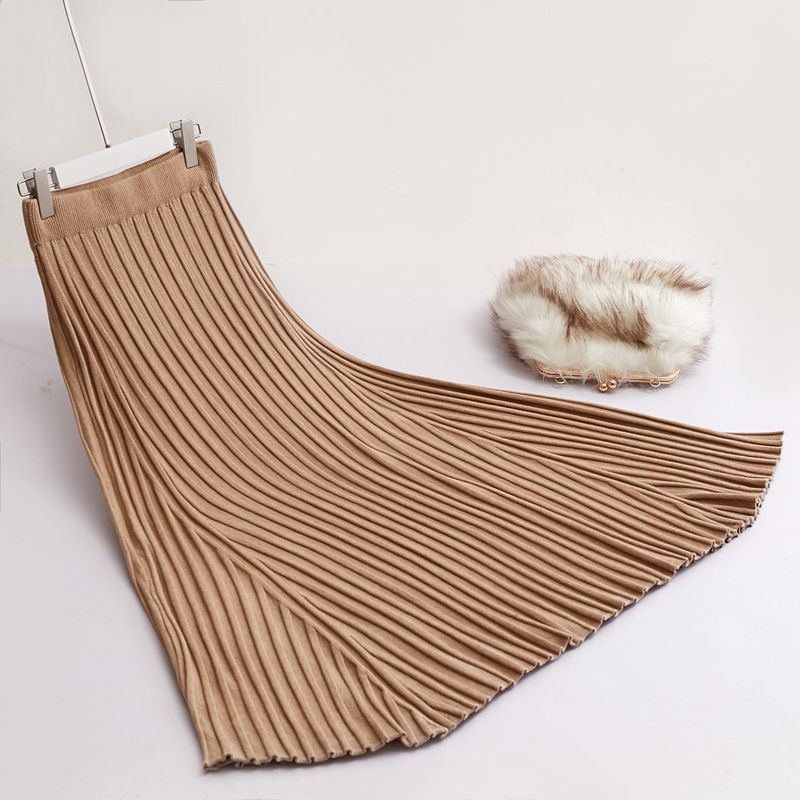 Plus Size Knied Wih Exended Hem, Pleaed For Women, Auumn And Winer High Wais Slimming Sweaer Skir, A-Line_ecoleips.com