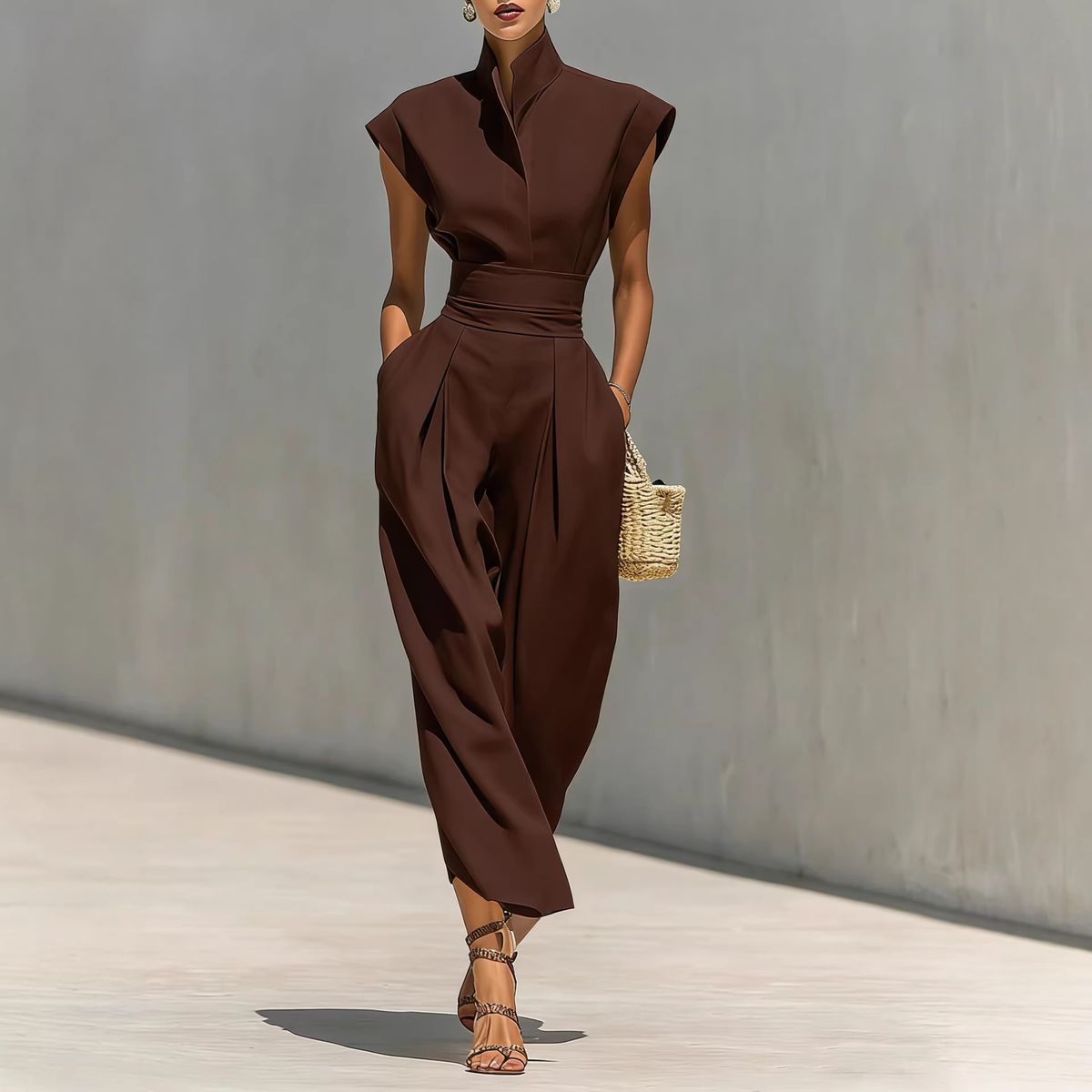 Women's High-Waisted Midi Skirt Spring/Summer High Neck Loose Top European American Style Casual Commuter Dress_ecoleips.com