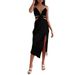 Women's Summer V Neck Hollowed out Suspender Dress Elegant Sexy Slit Slim Fitting Long European American Style Dress_ecoleips.com