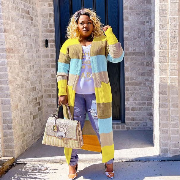 Women's Clothing Sweater Bag Cardigan Long Sleeve Contrast Color Sweater Cardigan_ecoleips.com