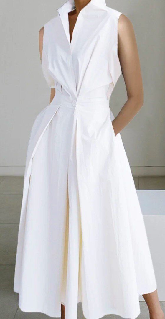 European And American Cross-Border 2024 Summer New Commuter Fashion Solid Color V-Neck Women's Button Big Hem Dress_ecoleips.com