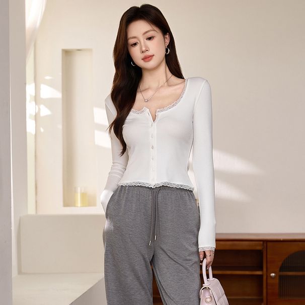 2025 #Craftsmanship Excellence # Thin Velvet Design Button Lace T-Shirt Women's Long Sleeve Autumn New Short Top_ecoleips.com