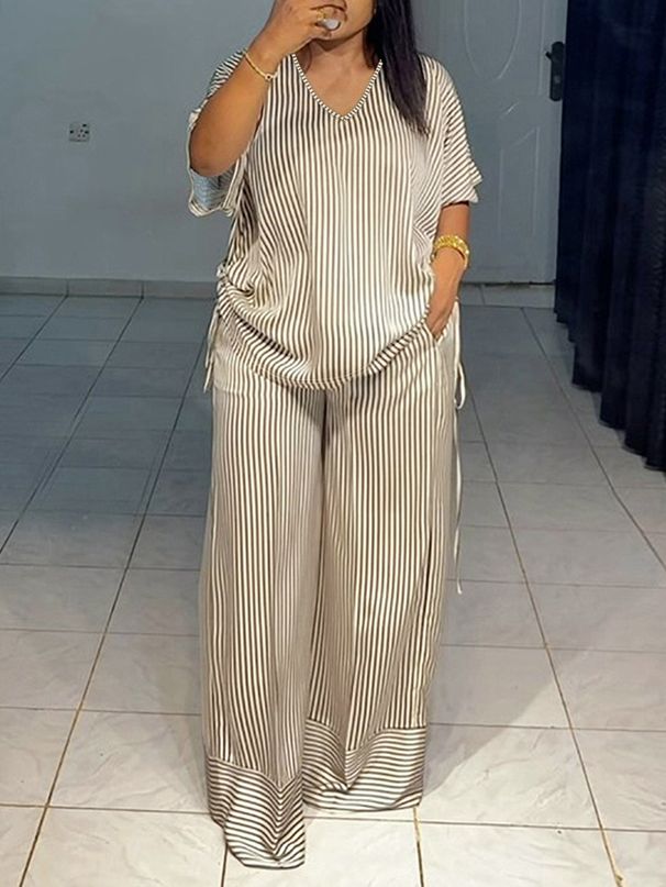 Women's plus Size Fashion Set Elegant V Neck Top with Drawstrings Straight Leg Trousers Elegant Casual Outfit_ecoleips.com