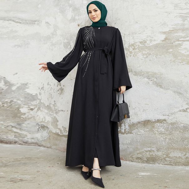Muslim Dress Women Elegant Middle Eastern Beaded Maxi Dress With Rhinestones – Dubai Turkish Style Long Sleeve Round Neck Gown For Women_ecoleips.com