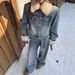 Women's Clothing Women's Korean Retro Style Fleece Lined Denim Two Piece Set Warm Short Jacket With Fur Collar Washed Blue Wide Leg Pants_ecoleips.com