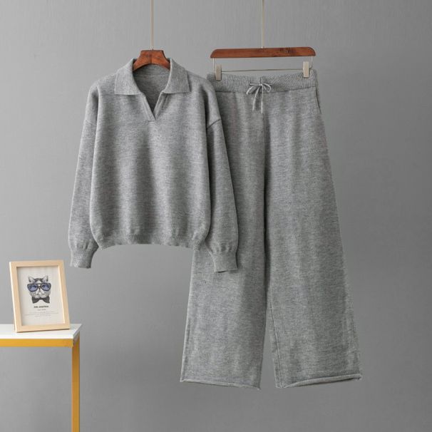 Women's Chunky Knit Sweater Set Autumn Winter Loose Fit Polo Collar Sweater And Wide Leg Pants Two Piece Set Comfortable Angora Blend_ecoleips.com