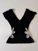 Korean Fashion Design Sense Niche Printing Short-sleeved T-shirt Retro Waist Thin V-neck Temperament Black Top Women's Summer_ecoleips.com