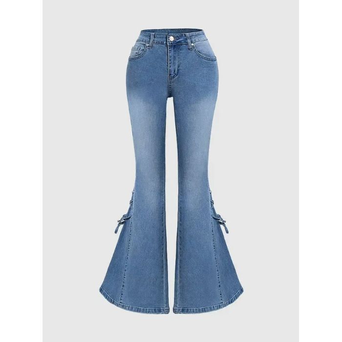Women's Mid Waist Slim Fit Flared Jeans With Lace-Up Bow Tie Detail - Stretch Denim Trousers For Casual & Chic Style_ecoleips.com