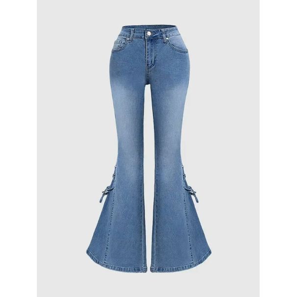 Women's Mid Waist Slim Fit Flared Jeans With Lace-Up Bow Tie Detail - Stretch Denim Trousers For Casual & Chic Style_ecoleips.com