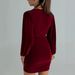 Pleated V Neck Long Sleeve Dress With Metal Accent Belt Fall Autumn Dress For Women_ecoleips.com
