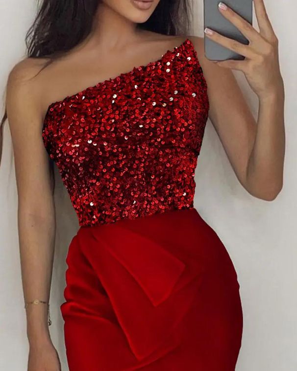 Women's Clothing Red Sequin Tube Top Sexy Sleeveless Fashion One Piece Temperament Mid Length Evening Dress_ecoleips.com