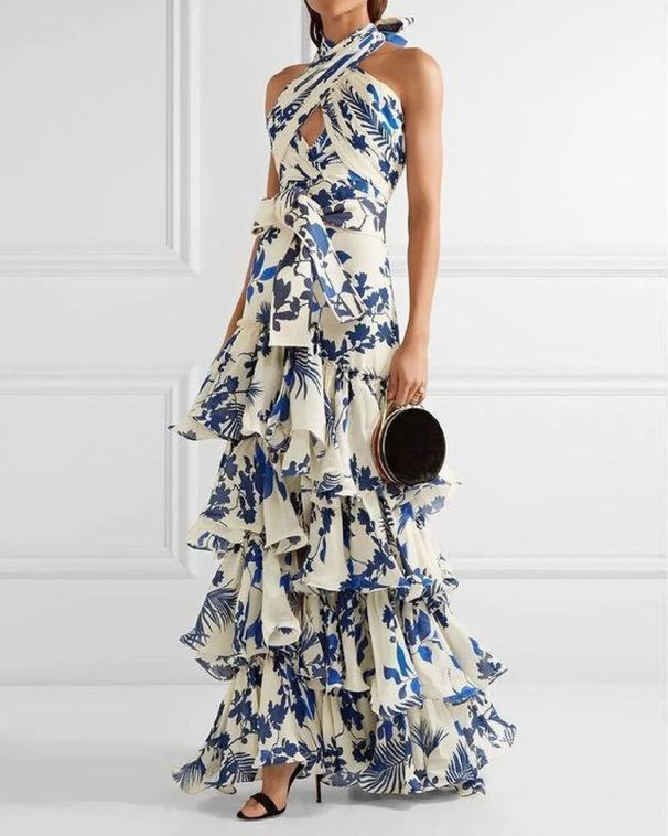 Women's Clothing Holiday Style Strappy Lolita Big Swing Skirt Printed Long Dress_ecoleips.com