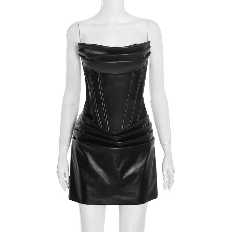 Women's Sexy PU Pleated Fishbone Strapless A-Line Dress D25DS451 European American Style Solid Color Autumn Cross Border_ecoleips.com