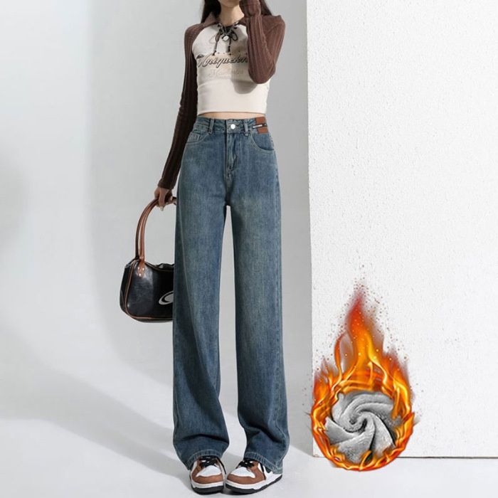 High-waisted Denim With Leather Label Design For Women, Fleece-lined, Wide-leg, Slimming, 2026 Winter New Style, Warm,_ecoleips.com