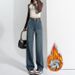 High-waisted Denim With Leather Label Design For Women, Fleece-lined, Wide-leg, Slimming, 2026 Winter New Style, Warm,_ecoleips.com
