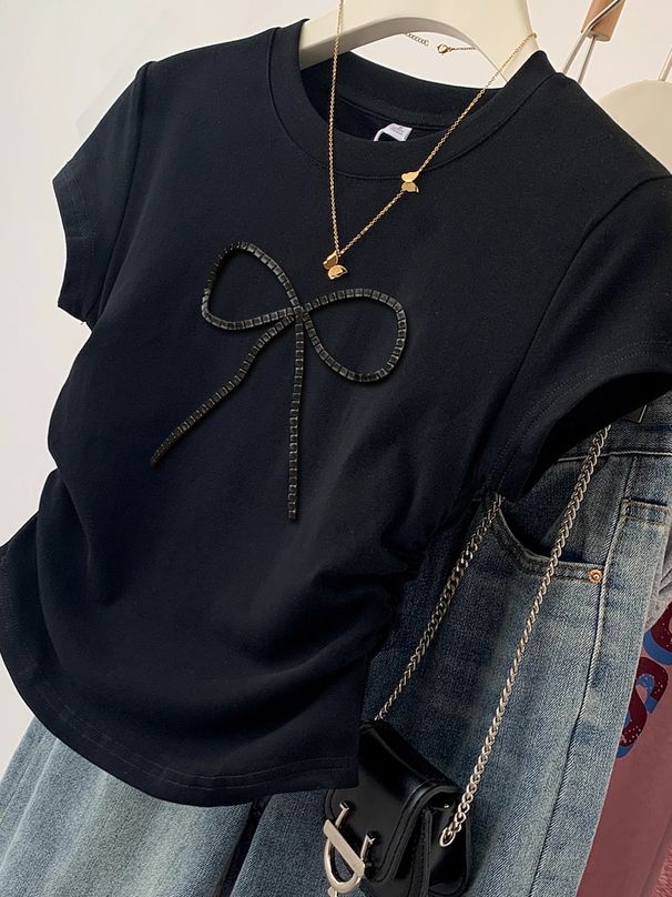 High Quality Women's Slim Fit Short Sleeved T-Shirt In Black With Bow New Summer Style Flattering Top_ecoleips.com