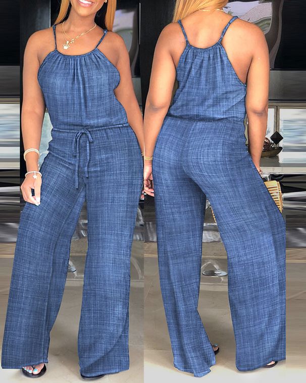 Women's Clothing Sleeveless Solid Color Cotton And Linen Drawstring Casual Jumpsuit_ecoleips.com