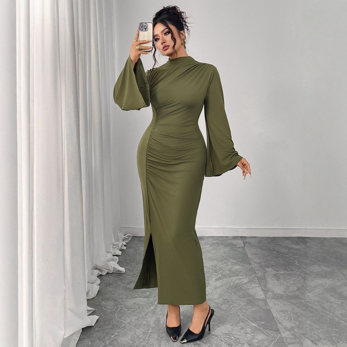 Women's Clothing Plus Size Clothes "Elegant High Waist Bell Sleeve Dress Solid Color Slit Maxi Dress With Pleated Skirt"_ecoleips.com
