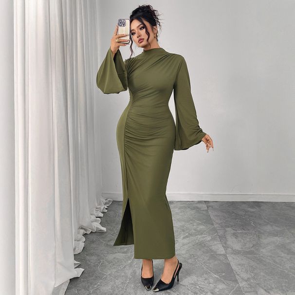 Women's Clothing Plus Size Clothes "Elegant High Waist Bell Sleeve Dress Solid Color Slit Maxi Dress With Pleated Skirt"_ecoleips.com