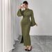 Women's Clothing Plus Size Clothes "Elegant High Waist Bell Sleeve Dress Solid Color Slit Maxi Dress With Pleated Skirt"_ecoleips.com
