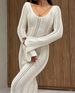 European And American New Cross-Border Women's Fashion Elegant V-Neck Knitted Bell Sleeve Thin Hollow Out Bodycon Long_ecoleips.com