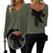 European And American Women's V-Neck Solid Color Sweater Autumn New Long Sleeve Casual Loose Bowknot Top For Women_ecoleips.com
