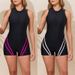 Women's One Piece Swimsuit High Neck Rash Guard Swimwear UV Protection Sporty Bathing Suit Black With White/Red Stripes_ecoleips.com