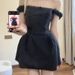 French Style High-End Dark Gray Off-Shoulder For Women, New Summer Design, Elegant Slim Waist Short Dress_ecoleips.com