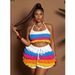 Colorful Beach Resort Style Knitted Set For Women Halter Neck Top And Shorts Two Piece Casual Wear_ecoleips.com