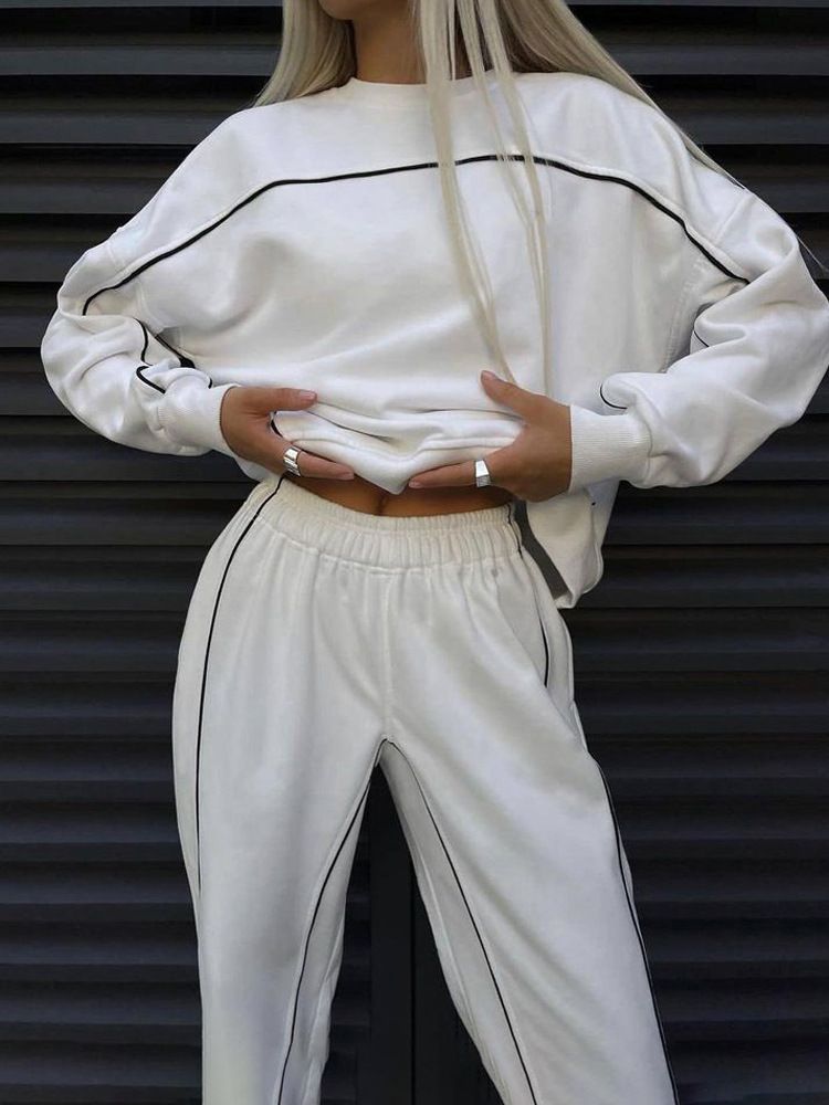 Street Women's Fashion Long Sleeve Line Sweater Pants Sports Suit Casual Two-piece Women's_ecoleips.com