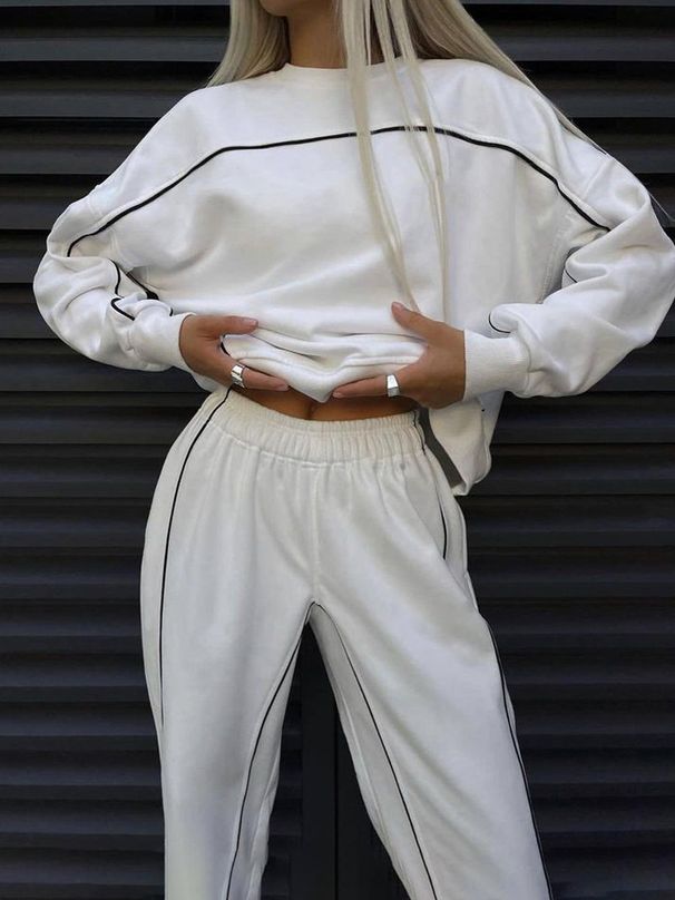 Street Women's Fashion Long Sleeve Line Sweater Pants Sports Suit Casual Two-piece Women's_ecoleips.com