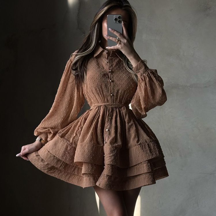 Women's Elegant Lapel Short A-Line Dress Long Sleeves Single Breasted Tie Waist French Fashion Shirt Dress_ecoleips.com