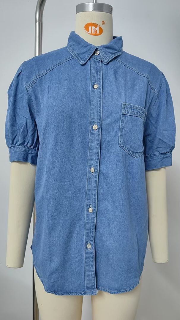 K New Arrival Versatile Princess Sleeve Turn-Down Thin Denim Shirt Casual Top For Women_ecoleips.com