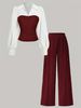 Women's Clothing Casual Striped Lounge Set – Slimming Two-Piece Outfit, Long Sleeve Top & Pants, Polyester Comfort, Black/Maroon/Coffee, S-XXL_ecoleips.com