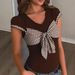 AD359 Cross-Border Foreign Trade Summer New Fashion Sexy Slim-Fit Bowknot Color-Block Versatile Women's T-Shirt_ecoleips.com